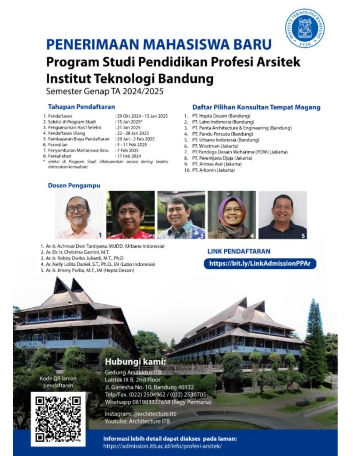 PENERIMAAN MAHASISWA BARU PROGRAM STUDI PENDIDIKAN PROFESI ARSITEK (PPAr) ITB